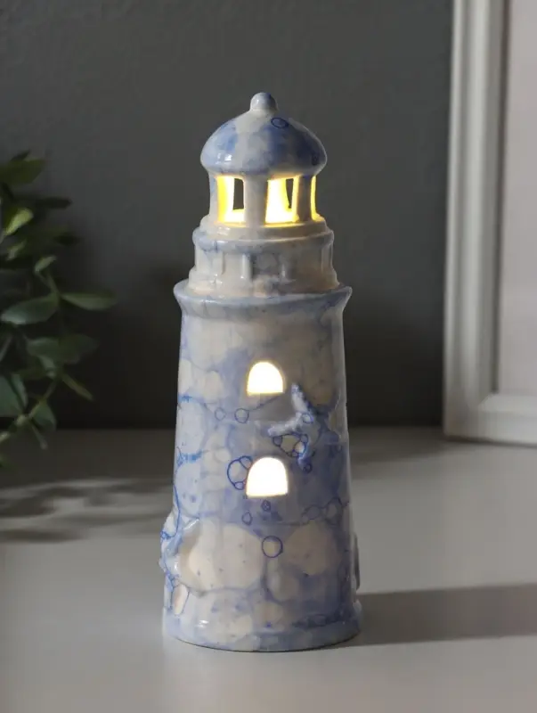 Сувенир керамика свет "Маяк" мраморный бело-синий 6,5х6,5х18 см