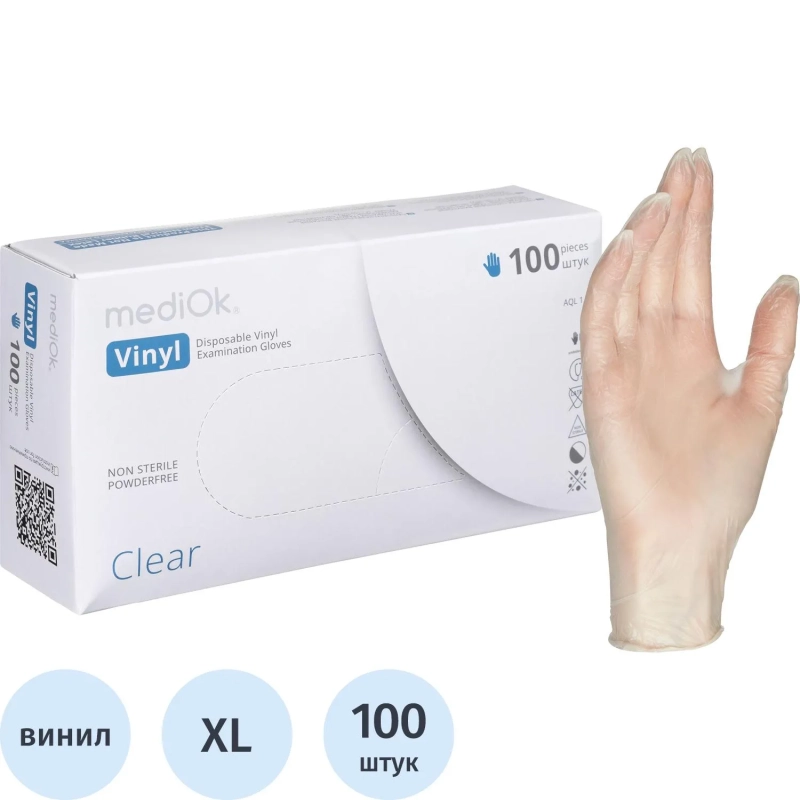 Перчатки одноразовые виниловые, н/о, прозр. MediOk (XL), 50п/уп 4гр.,ПС