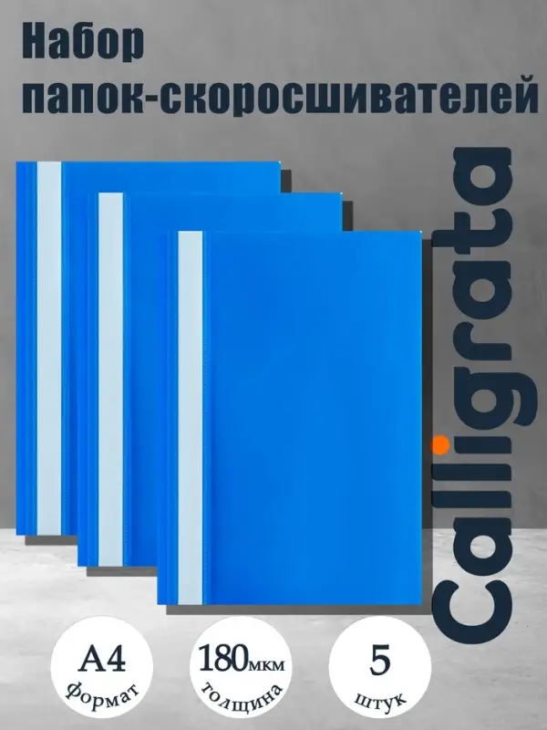 Набор папок-скоросшивателей А4, 5 штук, Calligrata, 180 мкм, с прозрачным верхом, синий