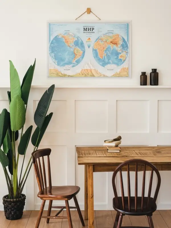 Карта Мира интерактивная, физическая (карта полушарий), 101&times;69 см, 1:37 млн, ламинированная