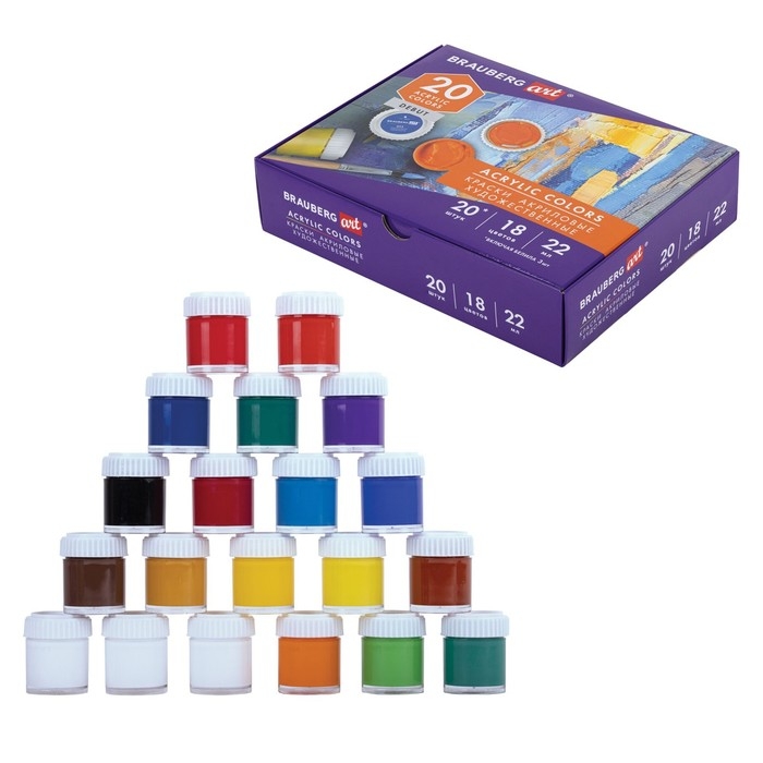 Краска акриловая, набор 18 цветов/20 штук х 22 мл, BRAUBERG ART DEBUT, 192299 Краска акриловая, набор 18 цветов/20 штук х 22 мл, BRAUBERG ART DEBUT, 192299