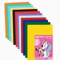 Цветной картон гофрированный, А4, 12 листов, 12 цветов, немелованный, двусторонний, в папке, 230 г/м&sup2;, &laquo;Мышка и единорог&raquo;