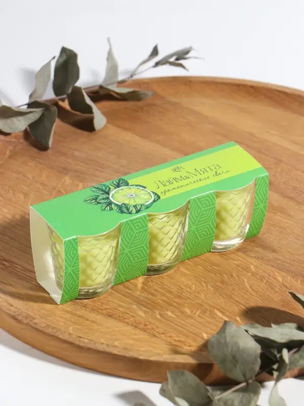 Ароматическая свеча в стакане, набор 3 шт., по 50 мл, 10 ч, 32 г, лайм-мята