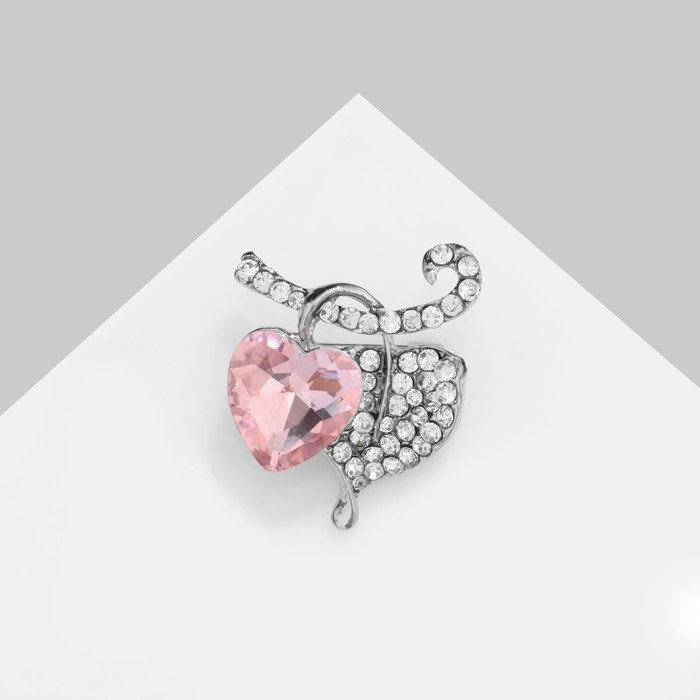 Брошь «Сердечки на веточке», цвет бело-розовый в серебре Брошь «Сердечки на веточке», цвет бело-розовый в серебре