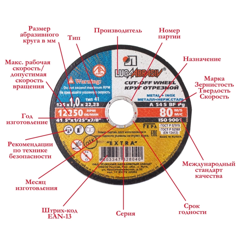 Диск отрезной по мет/нерж.ст. ЛУГА d125х1.2х22.2мм,А54,EXTRA,25шт/уп.(3276)