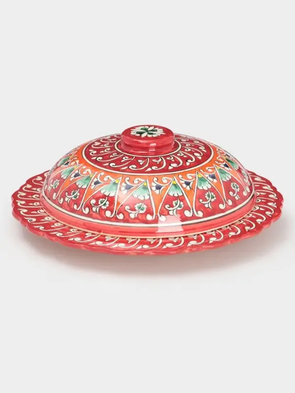 Блинница узбекская Риштанская Керамика &laquo;Цветы&raquo;, d=24 см, керамика, красная