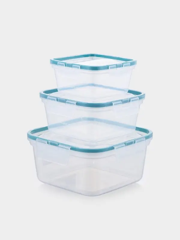 Набор контейнеров для хранения еды Idiland, 3 шт.: 400 мл, 800 мл, 1.5 л, пластик, герметичный, прозрачный, крышка голубая