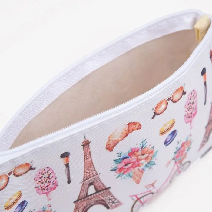 Косметичка-пенал на молнии, плоская, с рисунком, белая/розовая Косметичка-пенал на молнии, плоская, с рисунком, белая/розовая