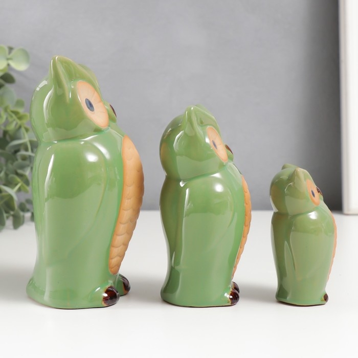 Сувенир керамика Сувенир керамика "Три филина" зелёный набор 3 шт 8,5х4,5х3,8 12х6,5х5 15х8,5х7 см