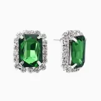 Серьги со стразами "Роскошь", прямоугольник, цвет зелёно-белый в серебре