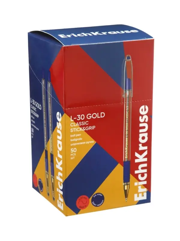 Ручка шариковая ErichKrause L-30 Gold Stick Grip, Super Glide, узел 0.5 мм, синяя