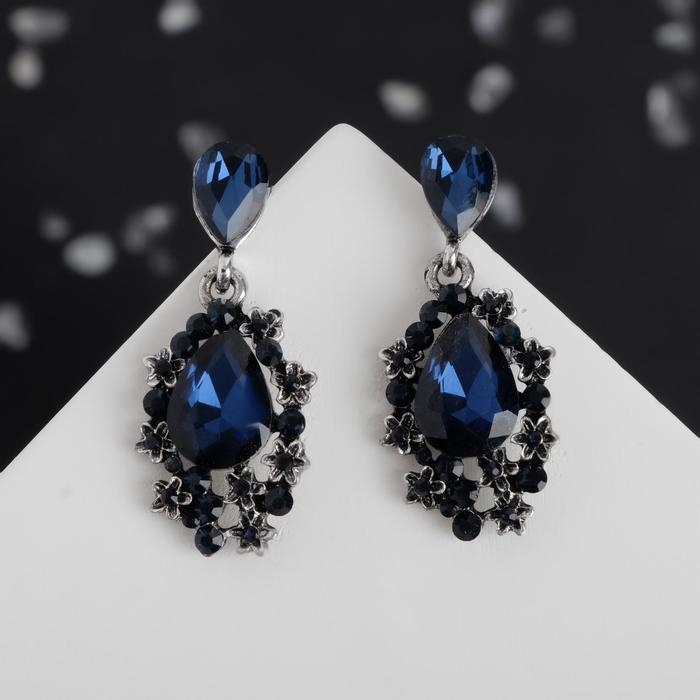 Серьги со стразами «Карнавал» шик, цвет синий в чернёном серебре Серьги со стразами «Карнавал» шик, цвет синий в чернёном серебре