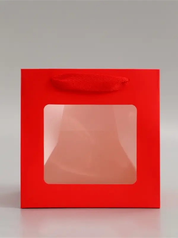 Пакет крафт с квадратным дном и окном, 15&times;15&times;15 см, красный