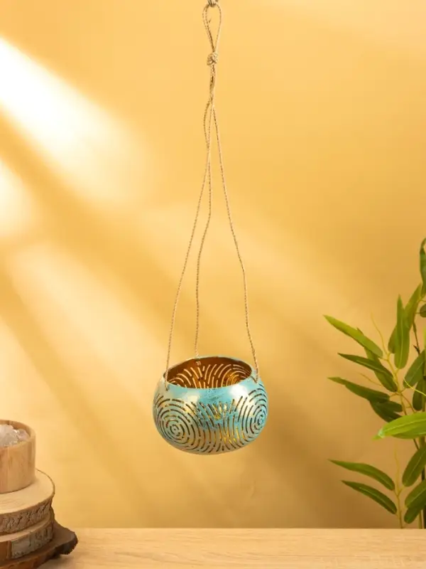 Подсвечник подвесной из кокоса, 14×14×10 см, бирюзово-золотой