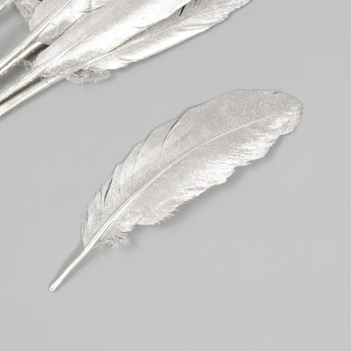 Перо декоративное гусиное двустороннее белое с серебром h=10-15 см