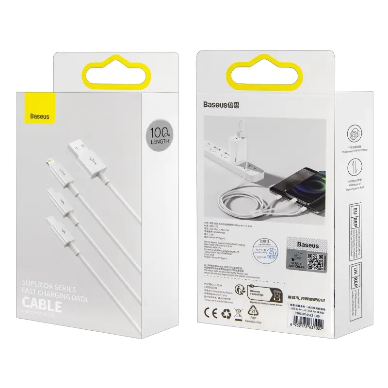 Кабель 3 в 1 Micro + Lightning + Type-C 1m 3.5A Baseus P10320105221-00 белый Кабель 3 в 1 Micro + Lightning + Type-C 1m 3.5A Baseus P10320105221-00 белый
