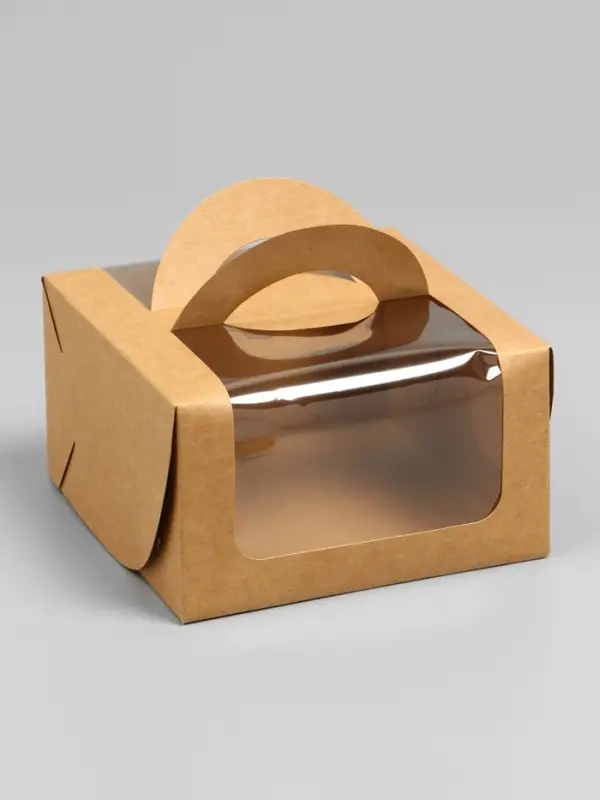 Коробка под бенто-торт с окном, крафт, 14&times;14&times;8 см