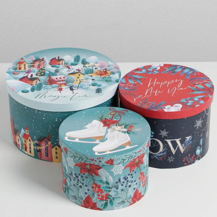 Набор коробок круглых 3 в 1 «Magic time», 18 х 18 х 13 см, 20 х 20 х 14.5 см, 25 х 25 х15 см, Новый год Набор коробок круглых 3 в 1 «Magic time», 18 х 18 х 13 см, 20 х 20 х 14.5 см, 25 х 25 х15 см, Новый год