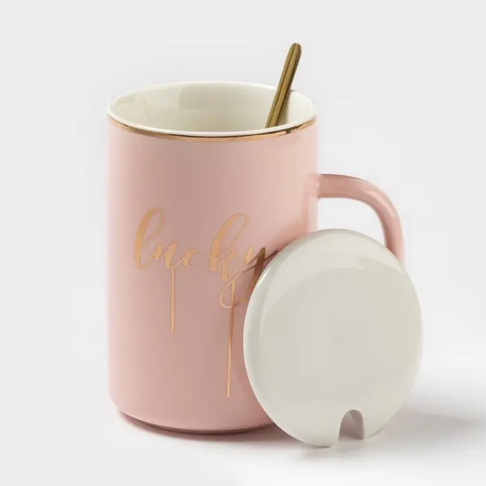 Кружка с крышкой и ложкой &laquo;Анабель&raquo;, 400 мл, керамика, рисунок МИКС