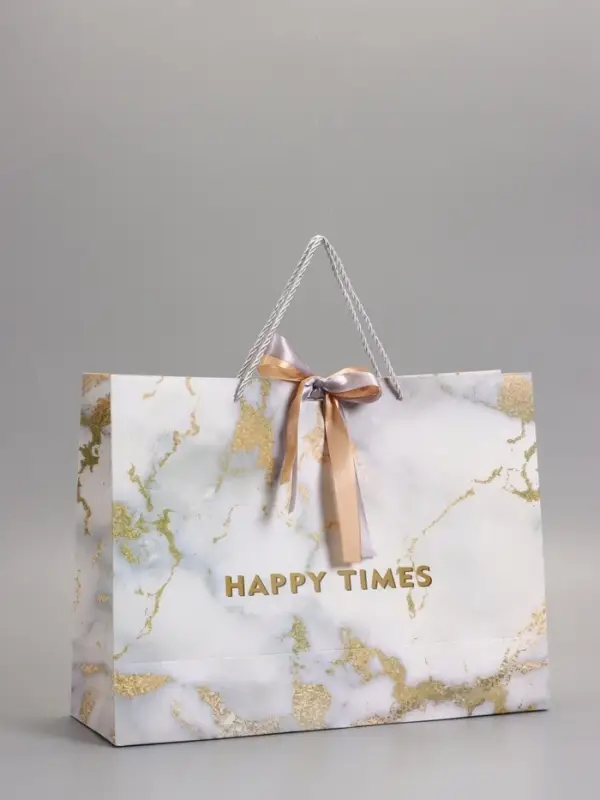 Пакет подарочный "Мрамор" , белый , с бантиком, 43 х 32 х 14 см