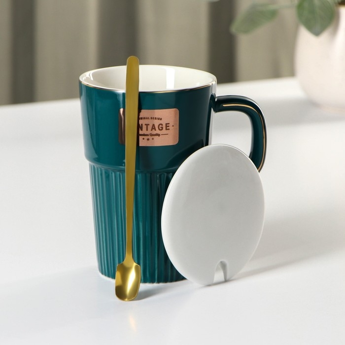 Кружка керамическая с крышкой и ложкой Vintage, 350 мл, цвет изумрудный Кружка керамическая с крышкой и ложкой Vintage, 350 мл, цвет изумрудный