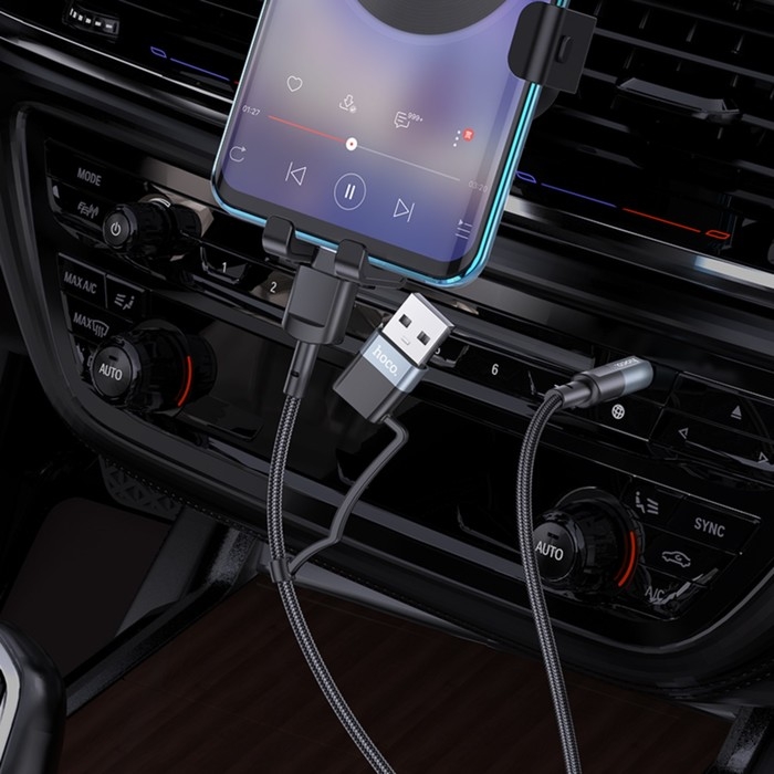 Кабель Hoco UPA23, 2 в 1, Type-C+USB - Jack 3.5 мм (m), 1 м, нейлон, серый Кабель Hoco UPA23, 2 в 1, Type-C+USB - Jack 3.5 мм (m), 1 м, нейлон, серый