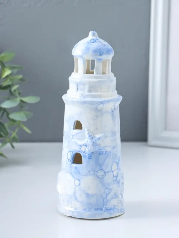 Сувенир керамика свет "Маяк" мраморный бело-синий 6,5х6,5х18 см