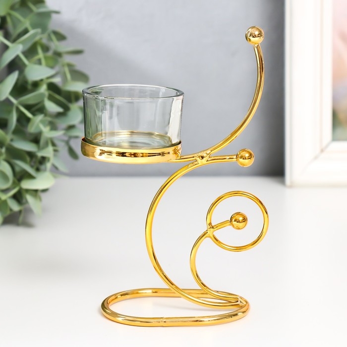 Подсвечник металл, стекло на 1 свечу Подсвечник металл, стекло на 1 свечу "Завитки. Шарики" d-4,5 см золото 10х5х15 см