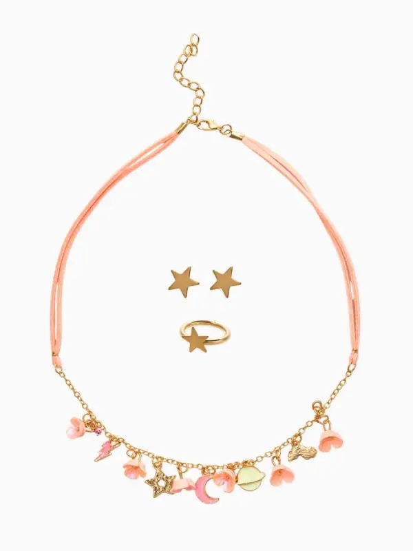 Набор детский &laquo;Выбражулька. Космос&raquo;, 3 предмета: бусы, пусеты, кольцо, розовый, золотой