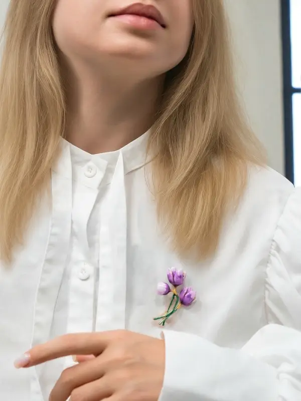 Брошь "Тюльпан" цветок, фиолетово-зелёная в золоте