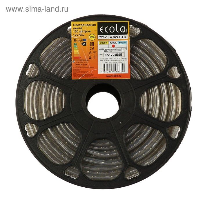 Светодиодная лента Ecola 12 × 7 мм, 100 м, IP68, SMD2835, 60 LED/м, 4.8 Вт/м, 220 В, 4200К Светодиодная лента Ecola 12 × 7 мм, 100 м, IP68, SMD2835, 60 LED/м, 4.8 Вт/м, 220 В, 4200К