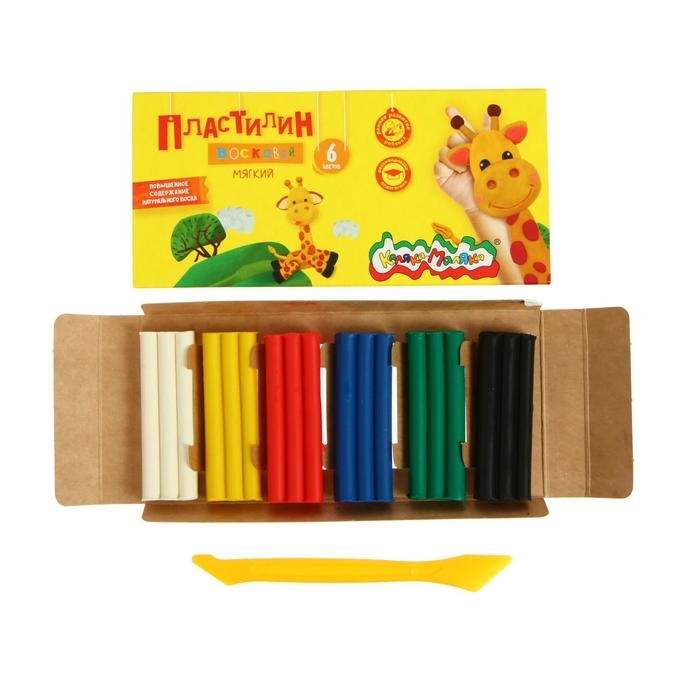 Пластилин мягкий (восковой) 6 цветов 90 г  Пластилин мягкий (восковой) 6 цветов 90 г "Каляка-Маляка", со стеком