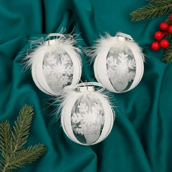 Ёлочные игрушки «Галатея снежинка», шары новогодние, d=8 см, 3 шт., серебристо-белый