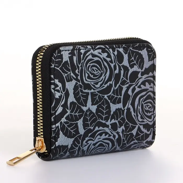 Кошелёк женский на молнии 11&times;2.5&times;9 см, с цветочным принтом, чёрный
