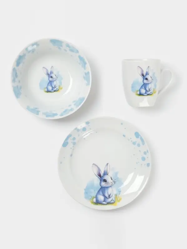 Набор детской посуды Дулевский фарфор &laquo;Зайка&raquo;, 3 предмета: тарелка 175 мл, миска 360 мл, кружка 210 мл, белый