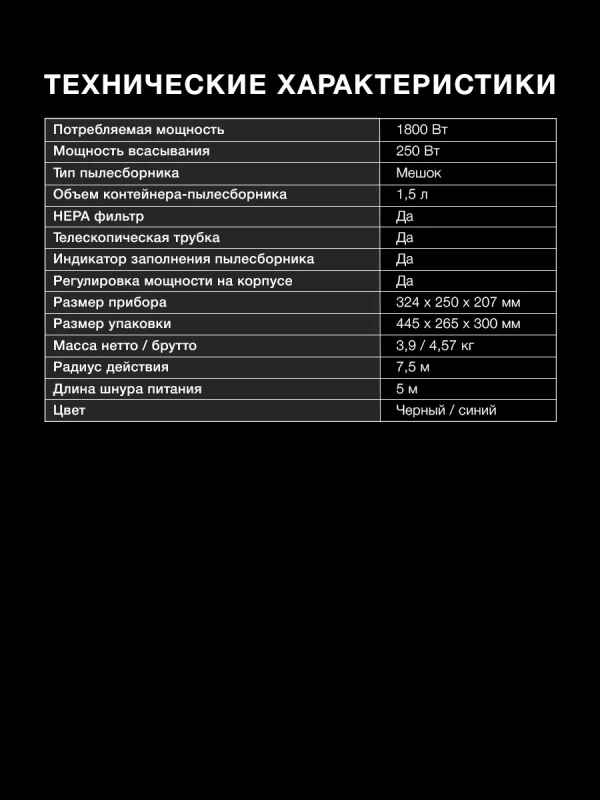 Пылесос HYV-B1550 1,5л 1800Вт синий Пылесос HYV-B1550 1,5л 1800Вт синий
