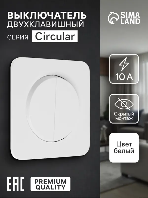 Выключатель, серия Circular, 10 А, двухклавишный, скрытый монтаж, белый
