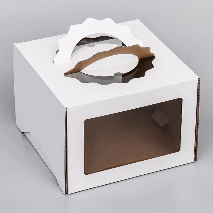 Коробка под торт 3 окна, с ручками, белая, 28&times;28&times;20 см