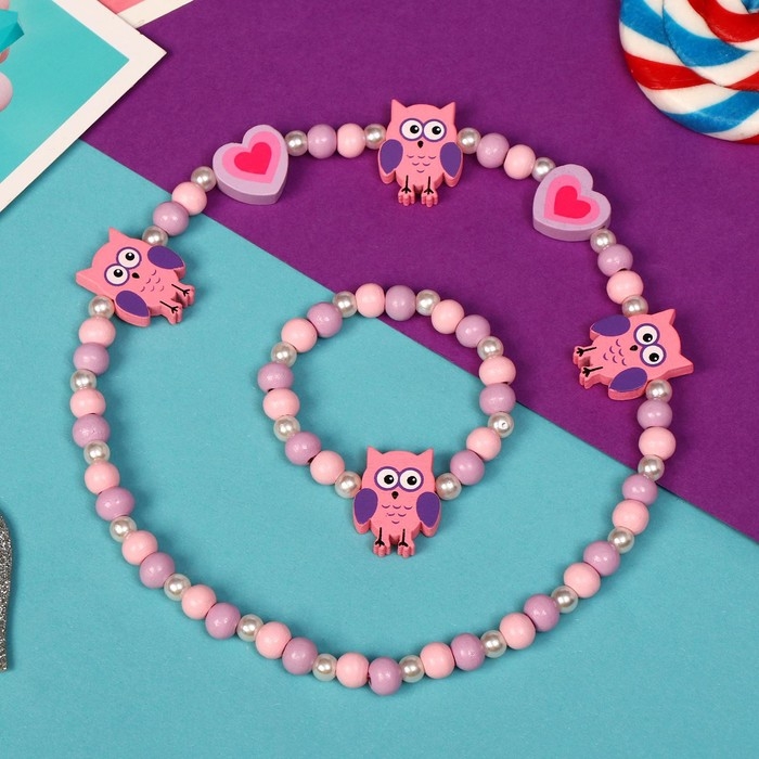 Набор детский «Выбражулька» 2 предмета: бусы, браслет, совы и сердечки, цвет МИКС Набор детский «Выбражулька» 2 предмета: бусы, браслет, совы и сердечки, цвет МИКС