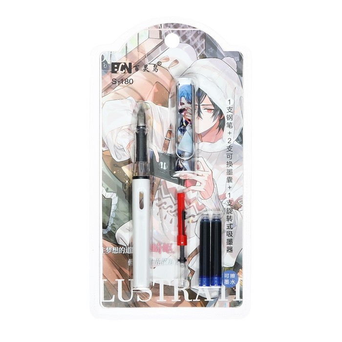 Ручка перьевая + 2 картриджа синих + поршень, на блистере,  Ручка перьевая + 2 картриджа синих + поршень, на блистере, "Аниме", МИКС