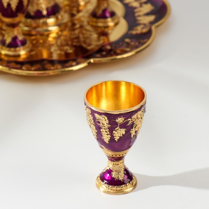 Набор винный кувшин, 6 бокалов и поднос  Набор винный кувшин, 6 бокалов и поднос "Турция. Виноград" фиолетовый с золотом