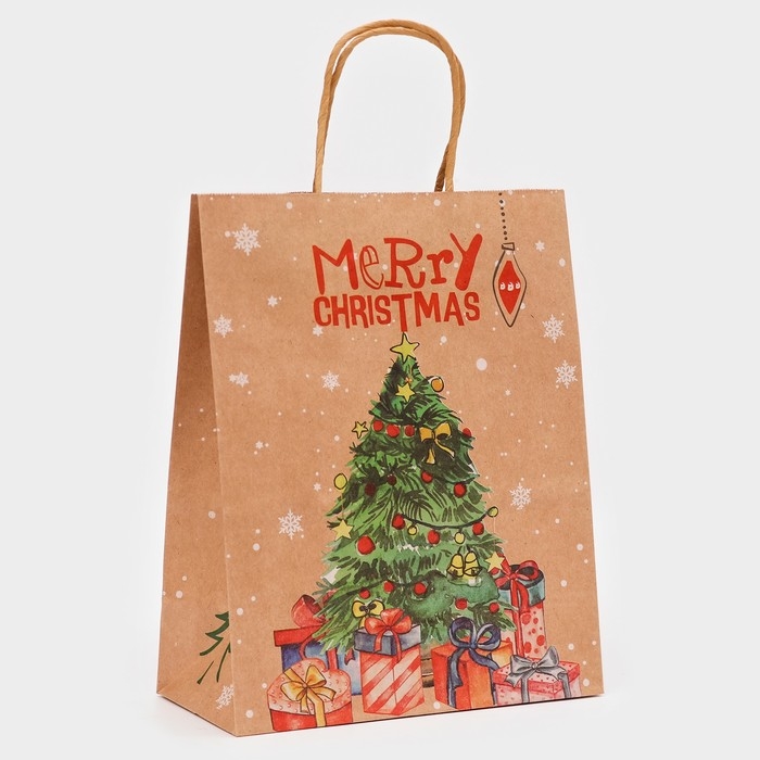 Новый год. Пакет бумажный подарочный новогодний крафт Новый год. Пакет бумажный подарочный новогодний крафт "Новогодяя ёлка", 27 х 21 х 11 см.