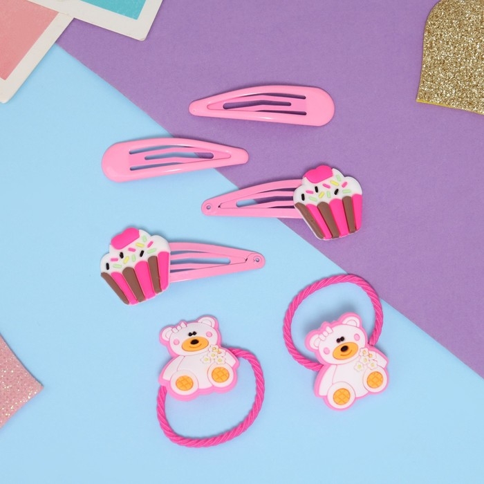 Набор для волос Набор для волос "Ширли" (2 резинки 5 см, 4 невидимки 5,5 см) мишка, розовый