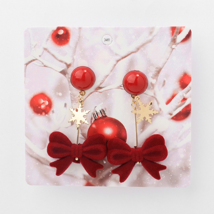 Новый год! Серьги «Новогодние» висячие, бант, цвет красный в золоте Новый год! Серьги «Новогодние» висячие, бант, цвет красный в золоте