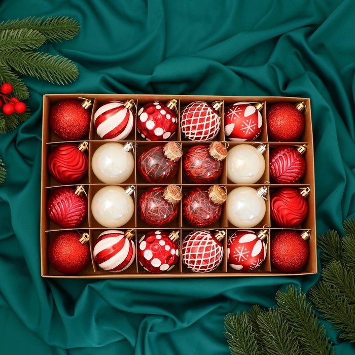 Набор шаров пластик d-6 см, 24 шт Набор шаров пластик d-6 см, 24 шт "Мелодия" ассорти люкс, бело-красный