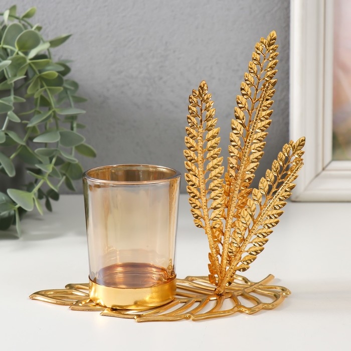 Подсвечник металл, стекло на 1 свечу Подсвечник металл, стекло на 1 свечу "Высокие листы" d=4,7 см, золото 14,8х8х15 см