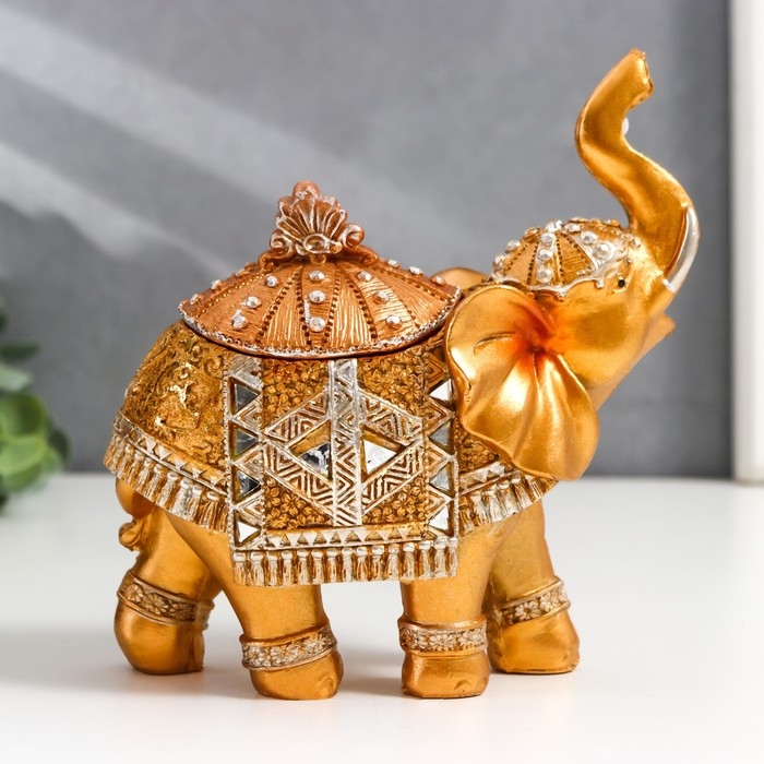 Шкатулка полистоун Шкатулка полистоун "Золотой слон в зеркальной попоне" 15х13,7х6,5 см