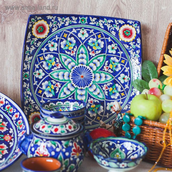 Ляган Риштанская Керамика  Ляган Риштанская Керамика "Узоры", 31 см, квадратный, синий