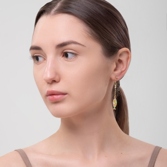 Серьги эмаль &laquo;Ночь&raquo; кот и рыбка, цветные в золоте