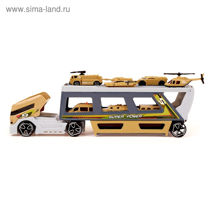 Грузовик &laquo;Трейлер&raquo; с 6 машинами и вертолетом